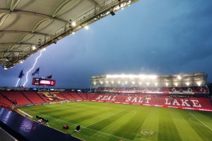 Lightning strikes during the game between Real Salt Lake and the LA Galaxy Wednesday, May 6, 2015, due to severe weather in the area at Rio Tinto Stadium in Sandy Utah. The game was delayed for over an hour.  (AP) 