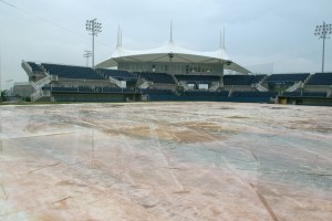 A tarp covers the field at Miller Park during a rain storm. BYU Baseball everages a little under 1,000 fans per game. (Universe Photo)