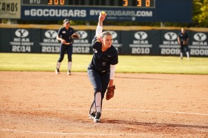 McKenna Bull pitches against UVU Tuesday night.  She now holds the record with most wins in a single season at BYU. (Jaren Wilkey)