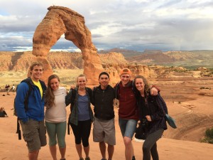 A group of BYU students pose by the Delicate Arch in Moab during a weekend trip. Moab is one of the most popular summer weekend spots to travel to. (Sarah Wright)