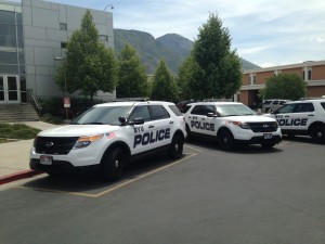 BYU Police vehicles are parked west of the JKB, where BYU Police headquarters is located. BYU uses both vehicles and bicycles for transportation when patrolling campus and regulating on campus parking. (Sadie Blood)