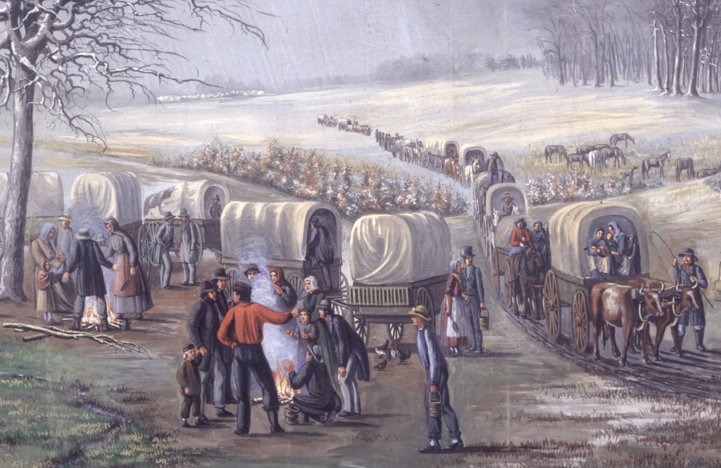 C. C. A. Christensen's Leaving Missouri is on display at the Museum of Art. C.C.A. Christensen's Moving Pictures panorama is now on display at the Museum of Art. The exhibit consists of 22 paintings depicting early Church history events. (C.C.A. Christensen)