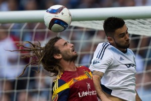 Real Salt Lake's Kyle Beckerman, left, gets his head on the ball in Vancouver, British Columbia, Saturday, May 30, 2015. RSL defeated the Seattle Sounders 2 in the U.S. Open Cup Tournament. (AP Photo)