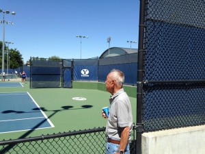 Francis Itaya looks over the new tennis courts south of the George Albert Smith Fieldhouse. When Itaya played tennis in 1943, BYU had only three courts.(Aaron Hastings)
