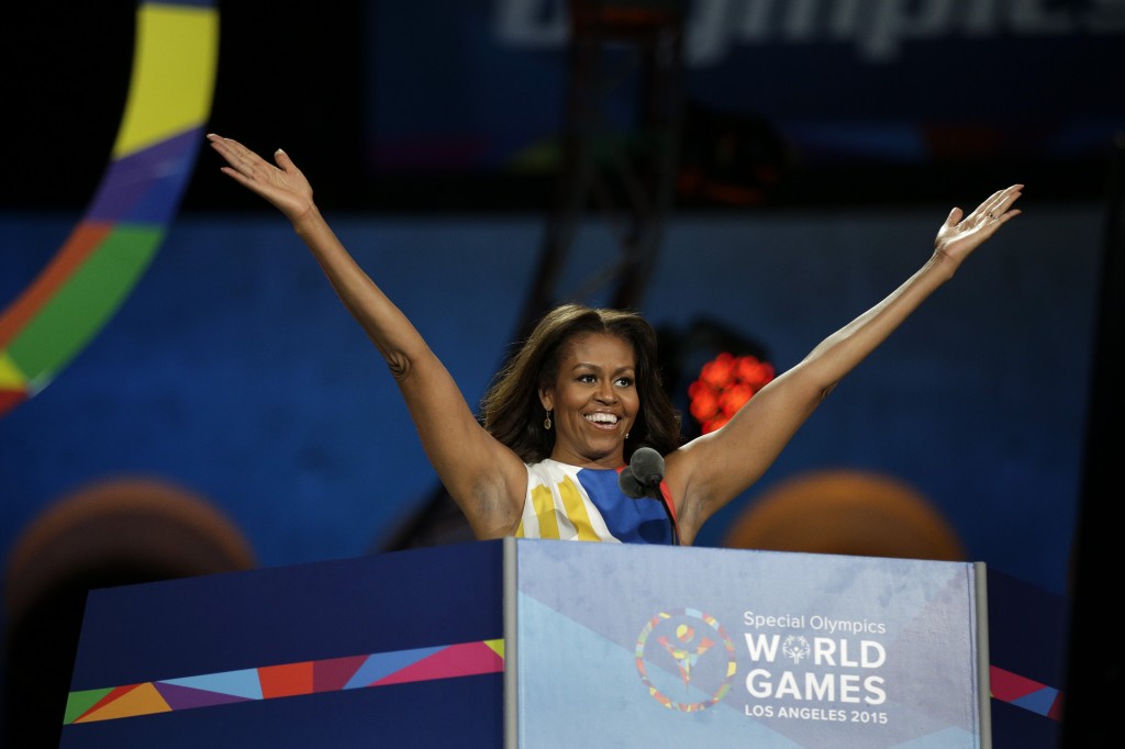 First Lady Michelle Obama declares the 2015 Special Olympics World Games officially open during the opening ceremony at the Los Angeles Memorial Coliseum, Saturday, July 25, 2015, in Los Angeles. (AP Photo/Jae C. Hong)