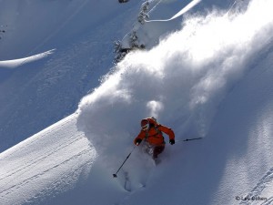 A skiier produces powder while skiing at Alta. 