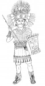 BYU Professor Rory Scanlon's sketch displays possible war clothes of an ancient Mesoamerican warrior. Scanlon and his team of student researchers in the department of theatre and media arts have spent more than a decade investigating the Pre-Columbian Mesoamerican era (Rory Scanlon)
