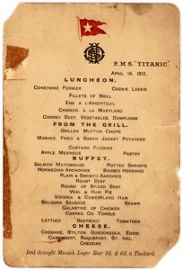This undated photo provided by Lion Heart Autographs shows the Titanic’s last lunch menu, which is going to auction and is estimated to bring $50,000 to $70,000. (Associated Press)