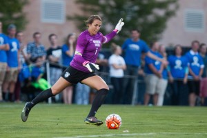 Keeper Rachel Boaz takes a goal kick in game against USU on Sept. 10. Boaz had 6 saves against Cal Poly on Sept. 24. (Daily Universe).
