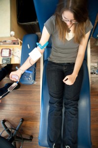 An aerial view shows a student giving blood at the BYU Blood Drive. (Universe Photo)