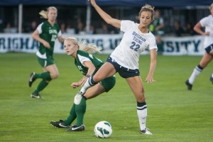 Jessica Ringwood Apo prepares to kick the ball in BYU's 5-1 victory over Cal Poly on Sept. 3, 2012. Ringwood Apo's younger sister Stephanie now plays for BYU. (Universe Archive)