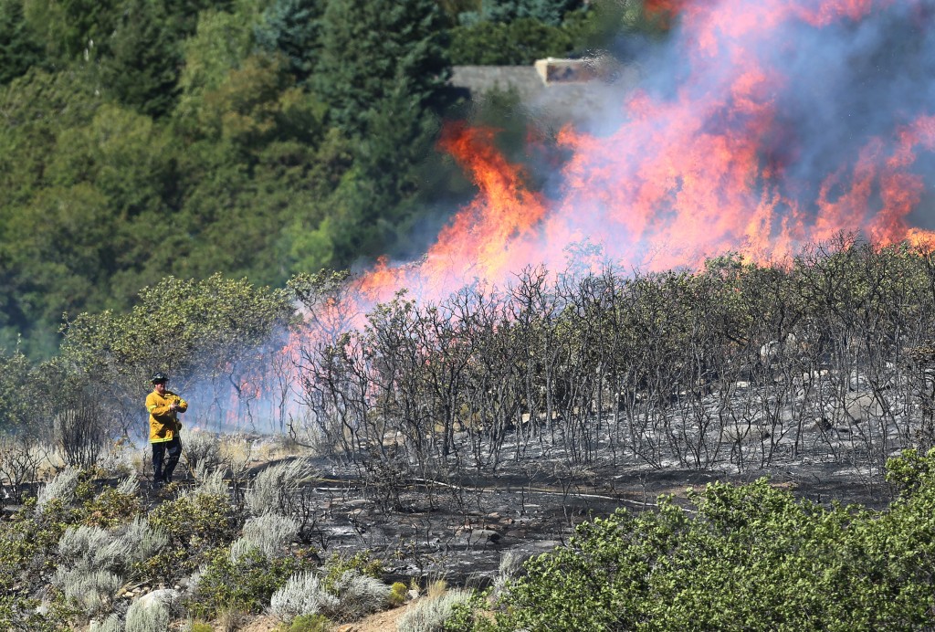 Fire crews work to put out a brush fire Tuesday, Sept. 1, 2015, in Cottonwood Heights, Utah. Unified Fire Authority Capt. Dan Brown says the fire moved away from homes Tuesday afternoon and officials felt it was safe enough for residents to return after dozens of homes were evacuated. (Associated Press)