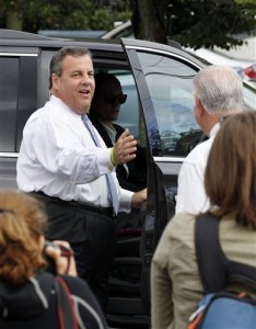 Republican presidential candidate, New Jersey Gov. Chris Christie, arrives for a campaign stop at the Farm & Flower Market, Monday, Sept. 14, 2015, in Manchester, N.H. (Associated Press)