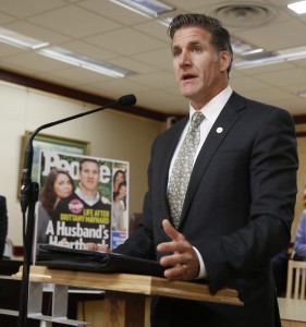 Dan Diaz, the husband of Brittany Maynard, the California woman with brain cancer who moved to Oregon to legally end her life last fall, discusses his support to the reintroduction of right to die legislation during a news conference Tuesday, Aug. 18, 2015, in Sacramento,Calif. The measure, by Assemblywoman Susan Talamantes Eggman, D-Stockton, Bill Monning, D-Carmel, Sen. Lois Wolk, D-Davis, and other lawmakers, would allow terminally ill patients to take life ending drugs. A nearly identical bill failed to get out of a legislative committee earlier this year. (AP Photo/Rich Pedroncelli)
