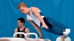 Young competes in an event for BYU. Young was a member of the BYU men's gymnastics team from 1996-2000. (Photo courtesy from BYU gymnastics dept.)