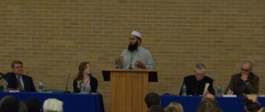 Imam Shuaib-ud Din speaks at the HEaven and Hell Symposium. From left to right: Brent Top, Amber Cazzell Nadal - President of BYU CrossSeekers, Imam Shuaib-ud Din, Monsignor M. Francis Mannion, Travis Kerns. (Natalie Bothwell)