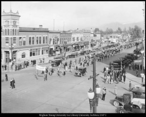 The homecoming parade has been a staple of BYU Homecoming since 1930. This 1934 photo shows what the parade looked like during the Great Depression era. (Courtesy L. Tom Perry Special Collections, Harold B. Lee Library)