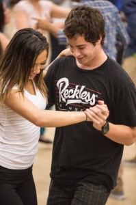 Two students learn how to Latin dance at a BYU salsa club event. The BYU salsa club offers weekly dance instruction to all that attend. (Universe Photo)
