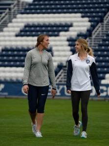 BYU goalie Rachel Boaz, left, and midfielder Paige Hunt pose for a photo at South Field. Female college athletes like Boaz and Hunt  missions when the church changed the athletes are now returning to courts, fields and arenas, and having a big impact on college sports in the state. (Francisco Kjolseth/The Salt Lake Tribune via AP) DESERET NEWS OUT; LOCAL TELEVISION OUT; MAGS OUT; MANDATORY CREDIT