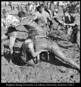 Homecoming activities used to include a football game played in eight inches of mud. (L. Tom Perry Special Collections)
