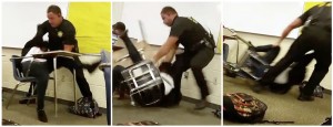 This three image combo made from video taken by a Spring Valley High School student on Monday, Oct, 26, 2015, shows Senior Deputy Ben Fields trying to forcibly remove a student from her chair after she refused to leave her high school math class, in Columbia S.C. The Justice Department opened a civil rights investigation Tuesday after Fields flipped the student backward in her desk and tossed her across the floor. Photo: Associated Press
