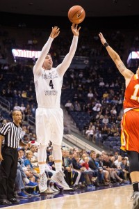 Nick Emery shoots a 3-pointer against ACU. Emery finished with 20 points in the game. (Ari Davis) 