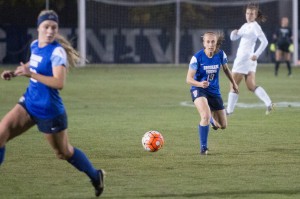 Sarah Chambers Gardner hustles to the ball in the Cougars final season game. Gardner had two assists to help the Cougars beat Saint Mary's 4-1. (Allison Hamilton)