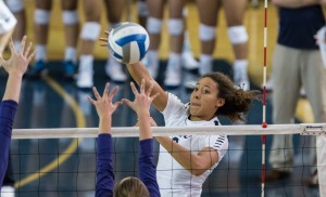 Alexa Gray spikes volleyball in game against Portland. Gray has made over ---- kills during her collegiate career. (The Universe)