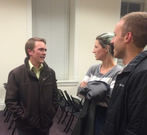 Joaquin neighborhood vice chair Alexander Barton spoke with other Provo residents following a community meeting Thursday night. As a student studying urban and regional planning, Barton plans to promote unification in the Provo community. (Abby Hobbs)_