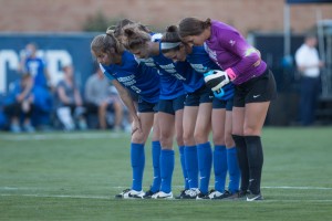 The BYU women's soccer defensive line prepares for kick off. The Cougars defensive line is first in the nation in save percentage this season and will lead the Cougars into the NCAA tournament. (Ari Davis)