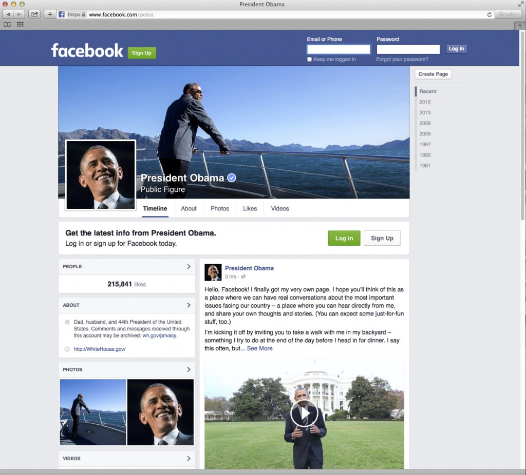 The screen image from Facebook.com shows the Facebook page of President Barack Obama. Obama wants you to like him. And comment on him. And share his posts, too. The president now has his own personal Facebook page. "President Obama, public figure" went live Monday, Nov. 9, 2015. (Facebook.com via AP)