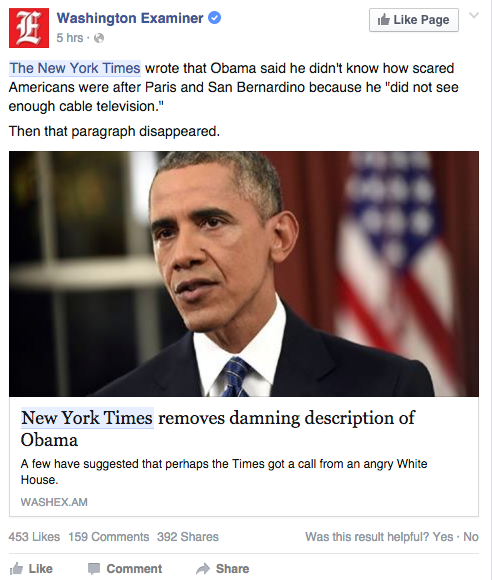 Many Facebook uses shared this post by the Washington examiner about President Obama.