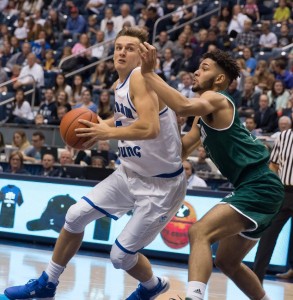 Kyle Collinsworth drives to the basket against UVU. Collinsworth committed six turnovers in the Cougars loss to Long Beach State. (Maddi Driggs)