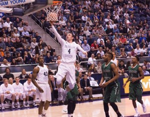 Nick Emery lays the ball up against Adams State. The heralded recruit will play a big role for BYU this season. (Natalie Bothwell)