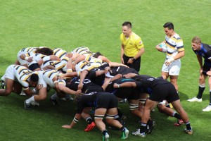 BYU sets for the scrum during the national championship game against Cal. BYU will be compensating for lack of size and maximizing its fitness strength by player faster, quicker rugby this year. (Luke Mocke)