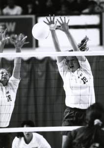 Charlene Johnson Whitted and Michele Fellows Lewis go up for a block. Both former student athletes were inducted into the BYU Hall of Fame. (BYU Photo)