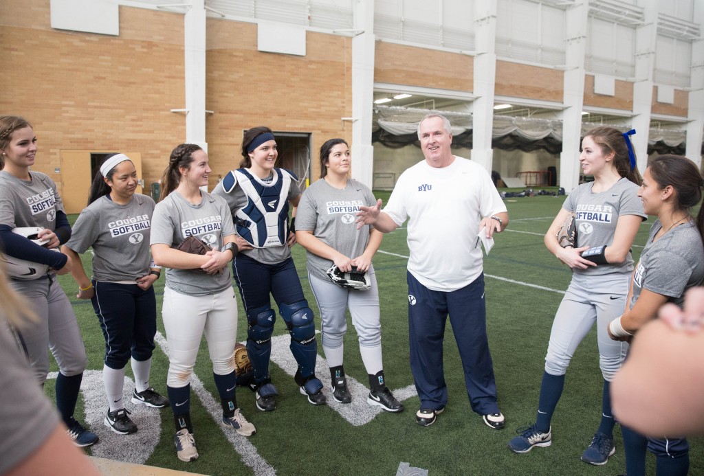 BYU Softball head coach Gordon Eakin wraps up practice in the Indoor Practice Facility.  Coach Eakin was recently named Coach of the Year in the 2016 College Sports Madness preseason all-conference awards for the West Coast Conference. (Natalie Stoker)