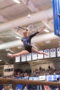 Emily Vidmar performs on the balance beam in the meet on Jan. 22. BYU lost to Boise State 196.400-195.100 Friday in Idaho. (Natalie Bothwell)