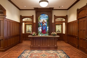 This undated photo provided by The Church of Jesus Christ of Latter-day Saints, shows the main entrance to the Provo City Center Temple, in Provo Utah. It includes a reclaimed stained glass image of Jesus Christ that dates back to the early 1900s that came from a Presbyterian church in New York that was demolished. The Mormon Church is set to begin giving public tours of the religion's newest temple: the renovated historical Provo City Center Temple in Provo that nearly burned down in 2010. Church officials will be giving a media tour of the temple on Monday, Jan. 11, 2016, with public tours set to begin later this month. The temple dedication is set for March 20. (The Church of Jesus Christ of Latter-day Saints via AP)