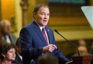 Utah Governor Gary R. Herbert, delivers his State of the State address from the House of Representatives at the State Capitol in Salt Lake City Wednesday, Jan. 27, 2016. (Scott G Winterton/Deseret News via AP, Pool)