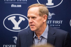 BYU AD Tom Holmoe addresses the media in his semi-annual question and answer session. (Maddi Dayton)