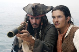 Johnny Depp and Orlando Bloom in a scene from Pirates of the Caribbean. As seen in the book 'Jerry Bruckheimer: When Lightning Strikes' by Michael Singer - photo by Peter Mountain, courtesy of Disney [Via MerlinFTP Drop]