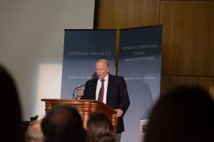 Douglas M. Johnson spoke on the importance of countering violent religious extremism with faith. "When we as a country have been confronted with religious extremism, our response is usually military in nature. Our response needs to be a response to the ideas behind the guns," Johnson said.