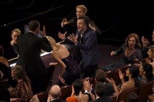 Mark Ruffalo reacts in the audience after "Spotlight" won the award for best picture at the Oscars on Sunday, Feb. 28, 2016, at the Dolby Theatre in Los Angeles. (Photo by Chris Pizzello/Invision/AP)