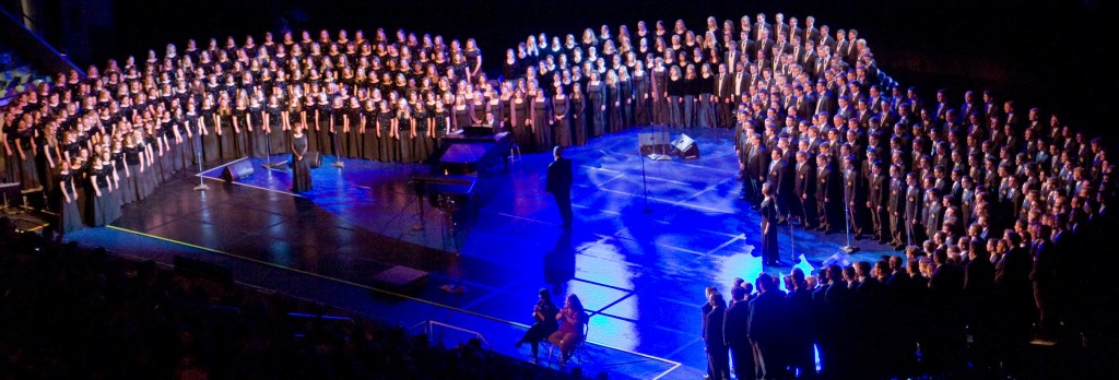 Concert Choir, Women's Chorus, Men's Chorus, and BYU Singers combine to perform at a previous concert. (BYU Music Department)