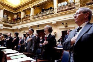 Senators stand during the national anthem on the first day of the Utah Legislature at the Capitol in Salt Lake City on Monday, Jan. 25, 2016. (Laura Seitz/The Deseret News via AP) SALT LAKE TRIBUNE OUT; MAGAZINES OUT; MANDATORY CREDIT; TV OUT
