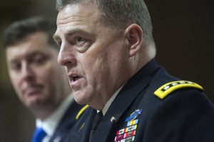 Army Undersecretary Patrick Murphy listens at left as Army Chief of Staff Gen. Mark Milley testifies on Capitol Hill in Washington, Tuesday, Feb. 2, 2016, before the Senate Armed Services Committee hearing to examine the implementation of the decision to open all ground combat units to women. (AP Photo/Cliff Owen)