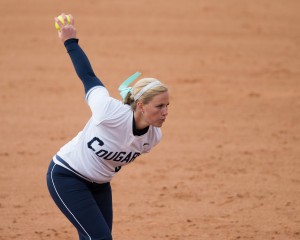 McKenna Bull winds up for a pitch against UVU last season. Bull threw a no-hitter for BYU on Thursday. (Universe Archives)