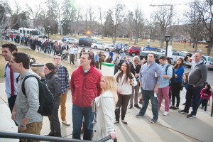 Students wait in line to hear Romney speak about the state of the 2016 Presidential Race Thursday, March 3 at The University of Utah. (Natalie Stoker) 
