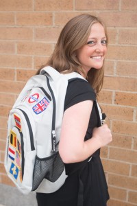 Jaclyn Anderson parades around with her beloved backpack covered with patches representing the places she has been to. (Natalie Stoker)